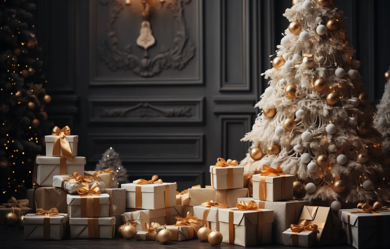 Фото обои украшения, комната, елка, интерьер, Рождество, подарки, Новый год, Christmas