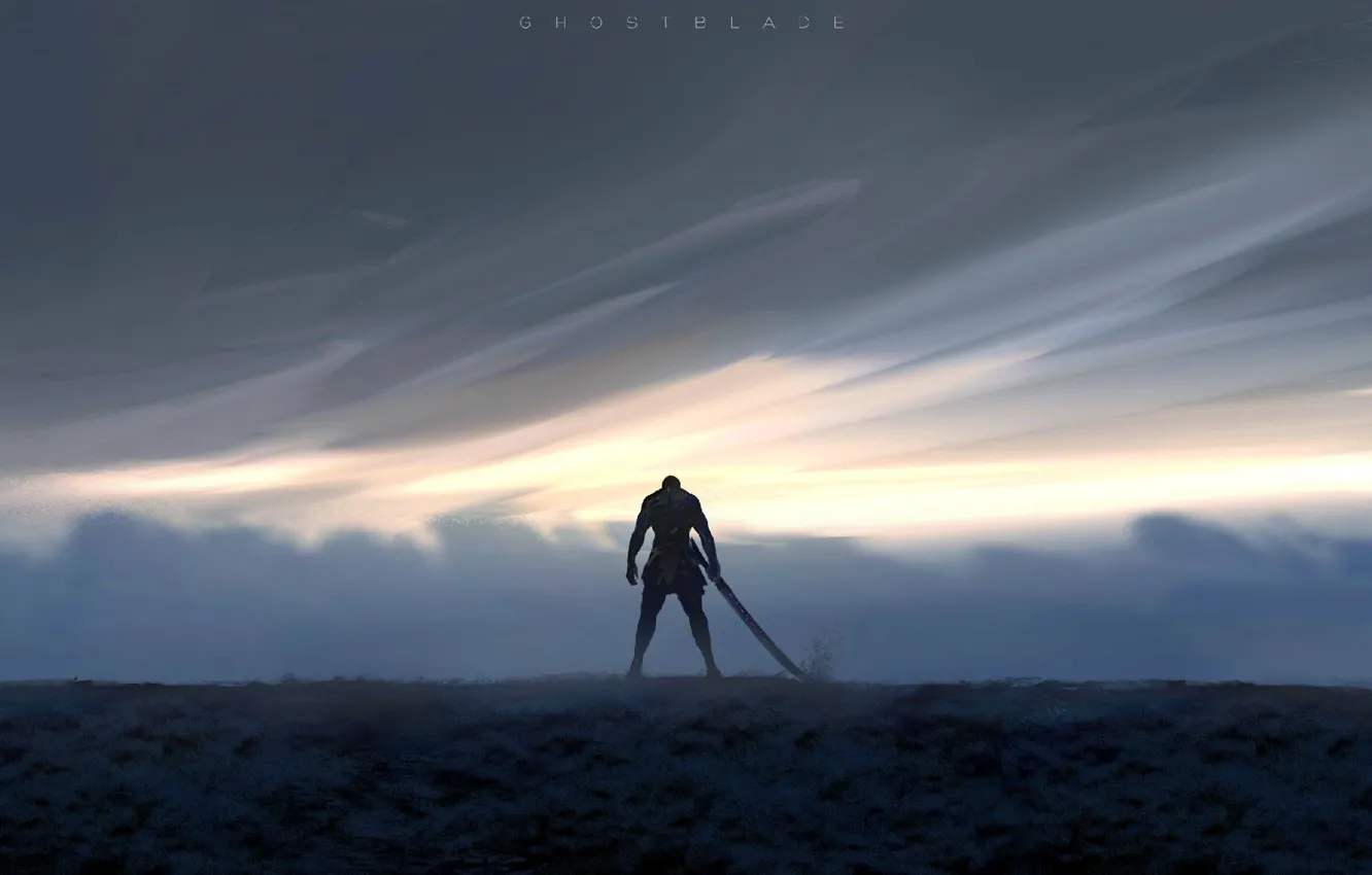 Фото обои sword, fantasy, sky, weapon, clouds, men, digital art, artwork