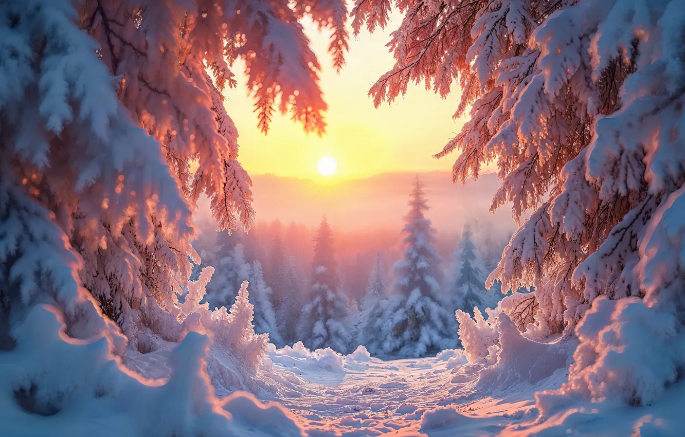 Фото обои зима, лес, снег, елки, forest, nature, winter, snow