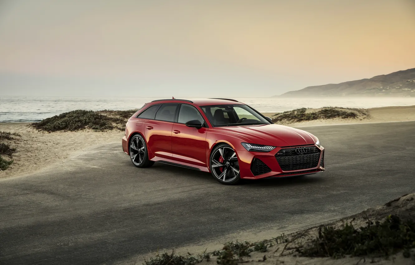 Фото обои красный, Audi, побережье, универсал, RS 6, 2020, 2019, V8 Twin-Turbo