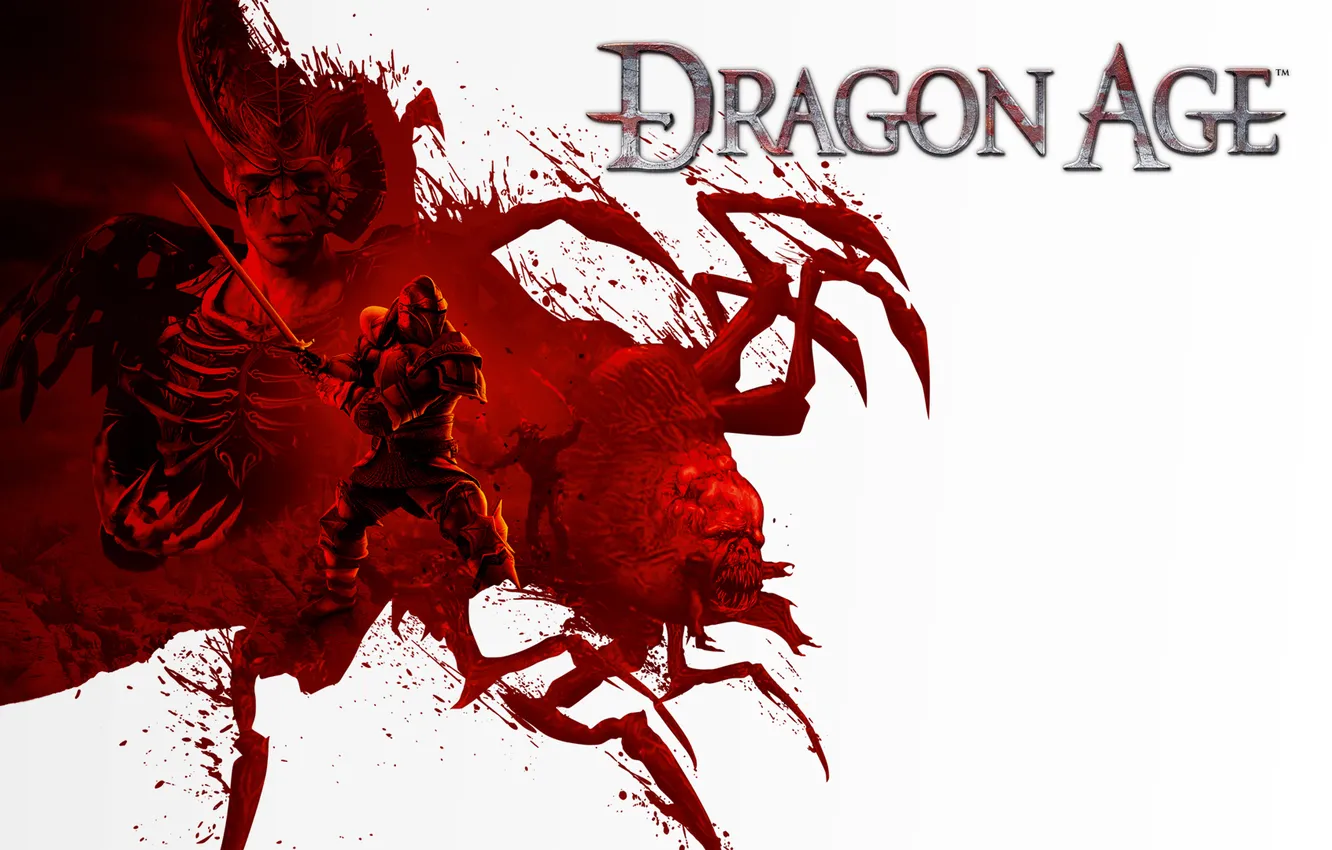 Фото обои красное, меч, демон, воин, арт, монстры, белый фон, dragon age