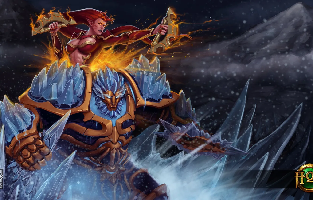 Фото обои лед, девушка, огонь, воин, рыжая, броня, Solstice, Heroes of Newerth