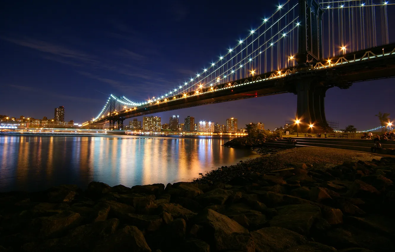 Фото обои Bridge, Night, Manhattan