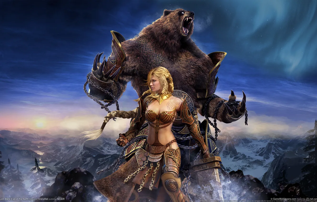 Фото обои девушка, фентези, медведь, Guild Wars:Eye of the North