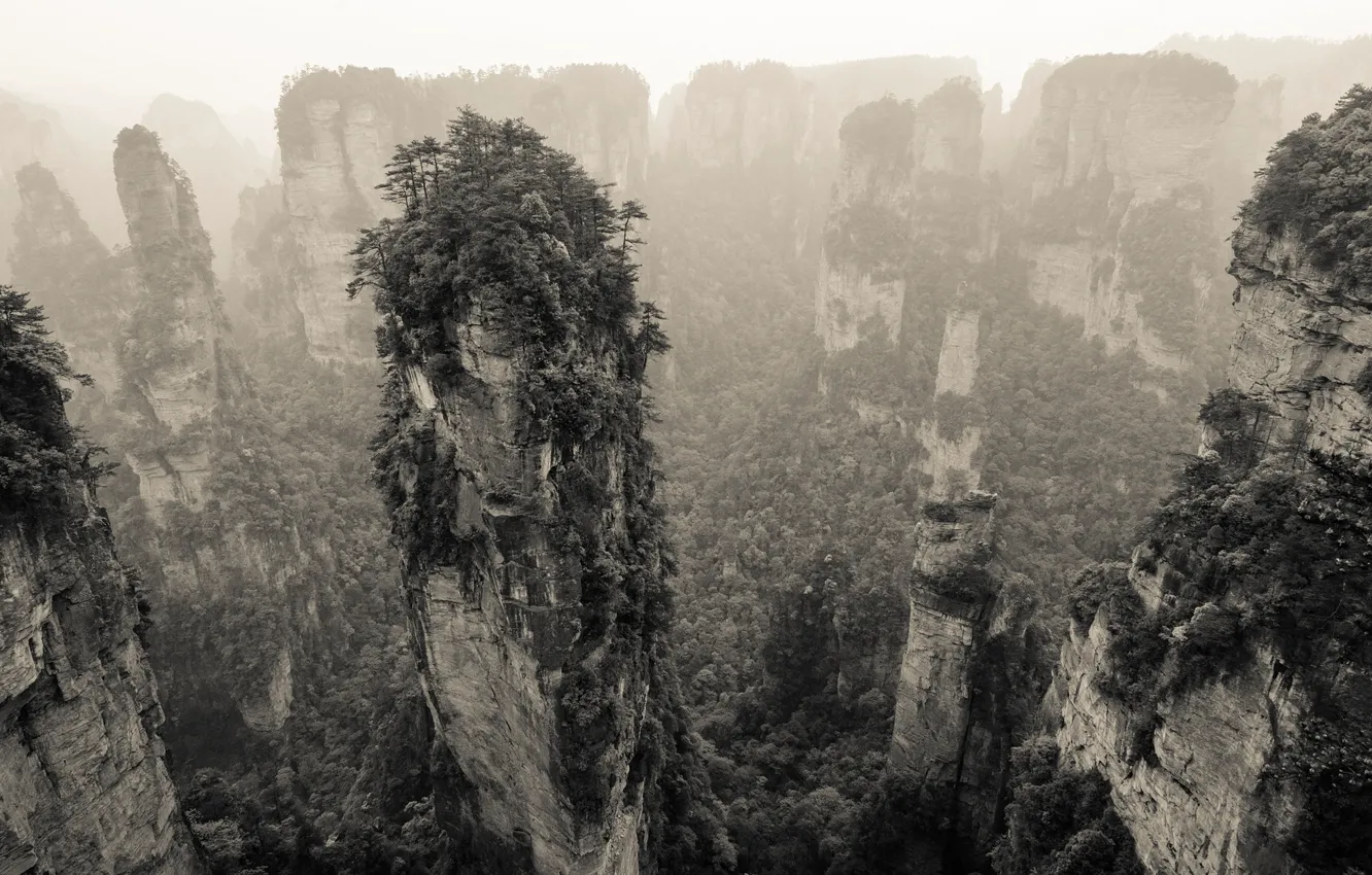 Фото обои горы, природа, скалы, растительность, панорама, Китай