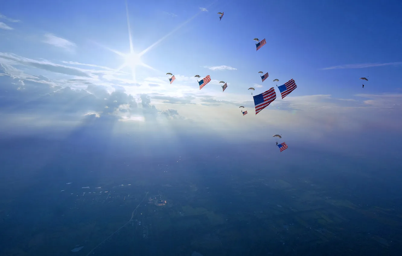 Фото обои флаг, США, Огайо, парапланетисты, память жертв терактов 11 сентября, Миддлтаун