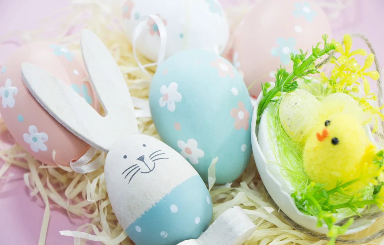 Фото обои яйца, кролик, Пасха, сено, Праздник