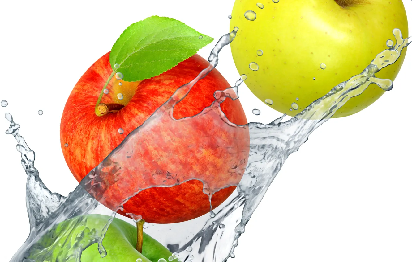 Фото обои вода, брызги, яблоки, фрукты, fresh, water, splash, drops