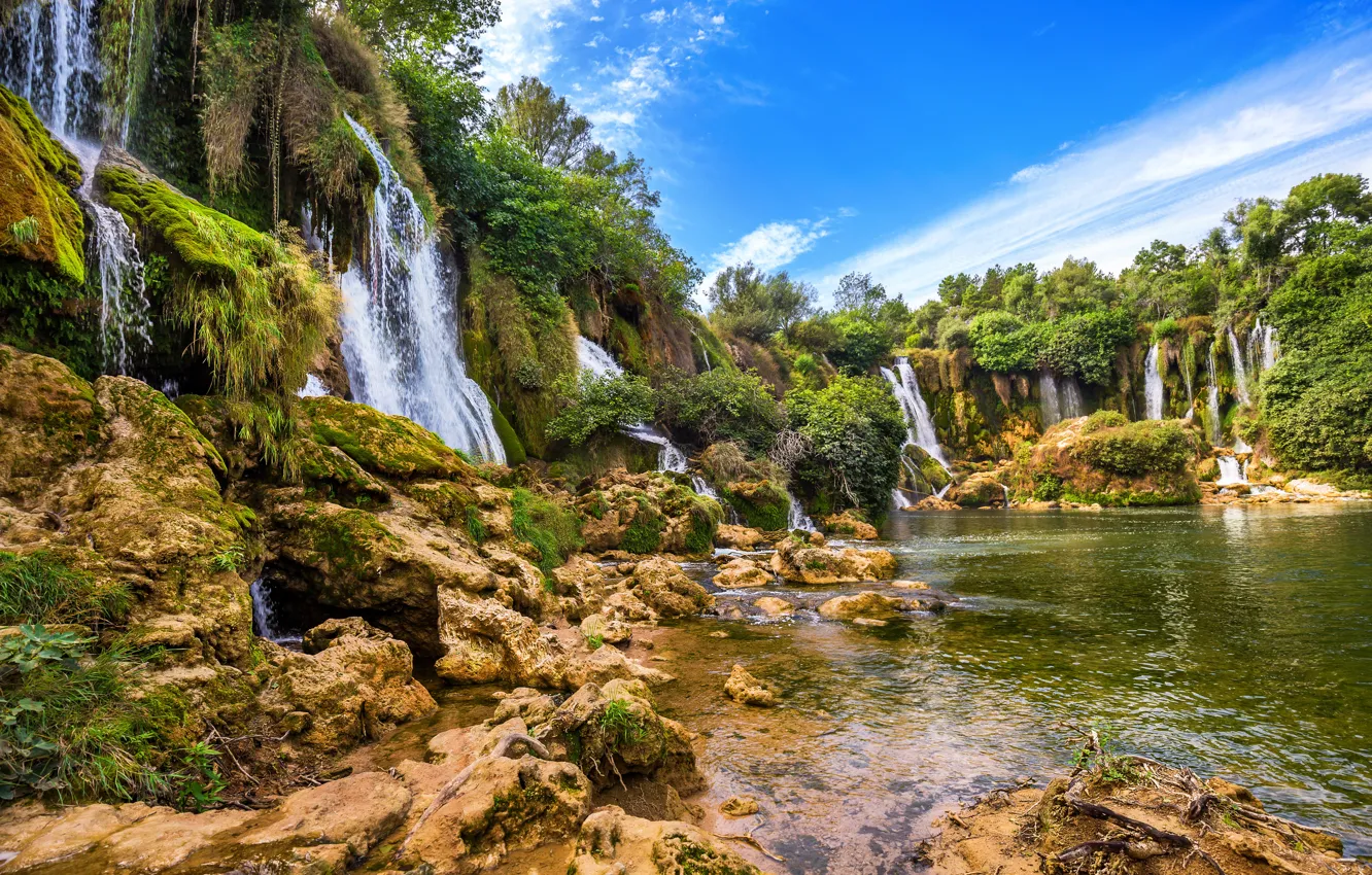 Фото обои деревья, скала, камни, водопад, waterfall, Bosnia, Босния, Herzegovina