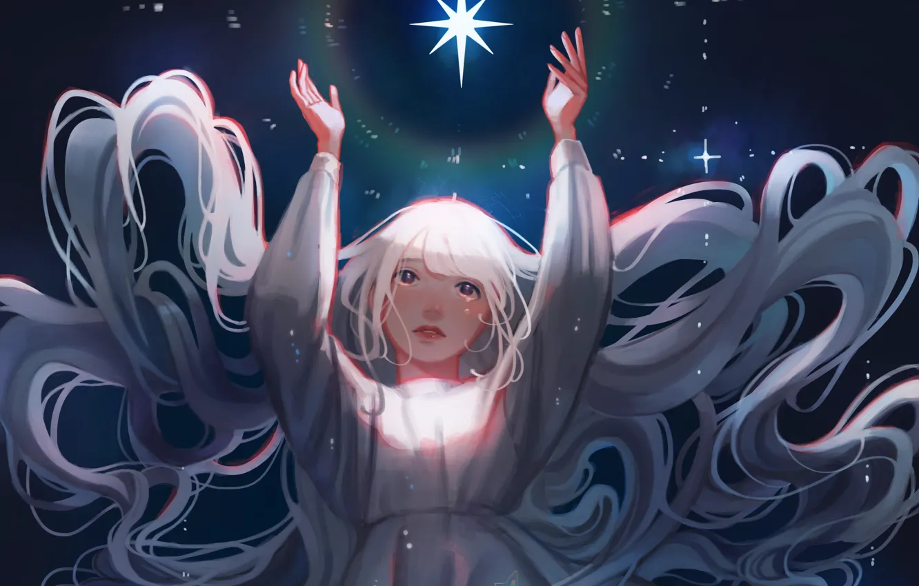 Фото обои небо, ночь, рисунок, звезда, длинные волосы