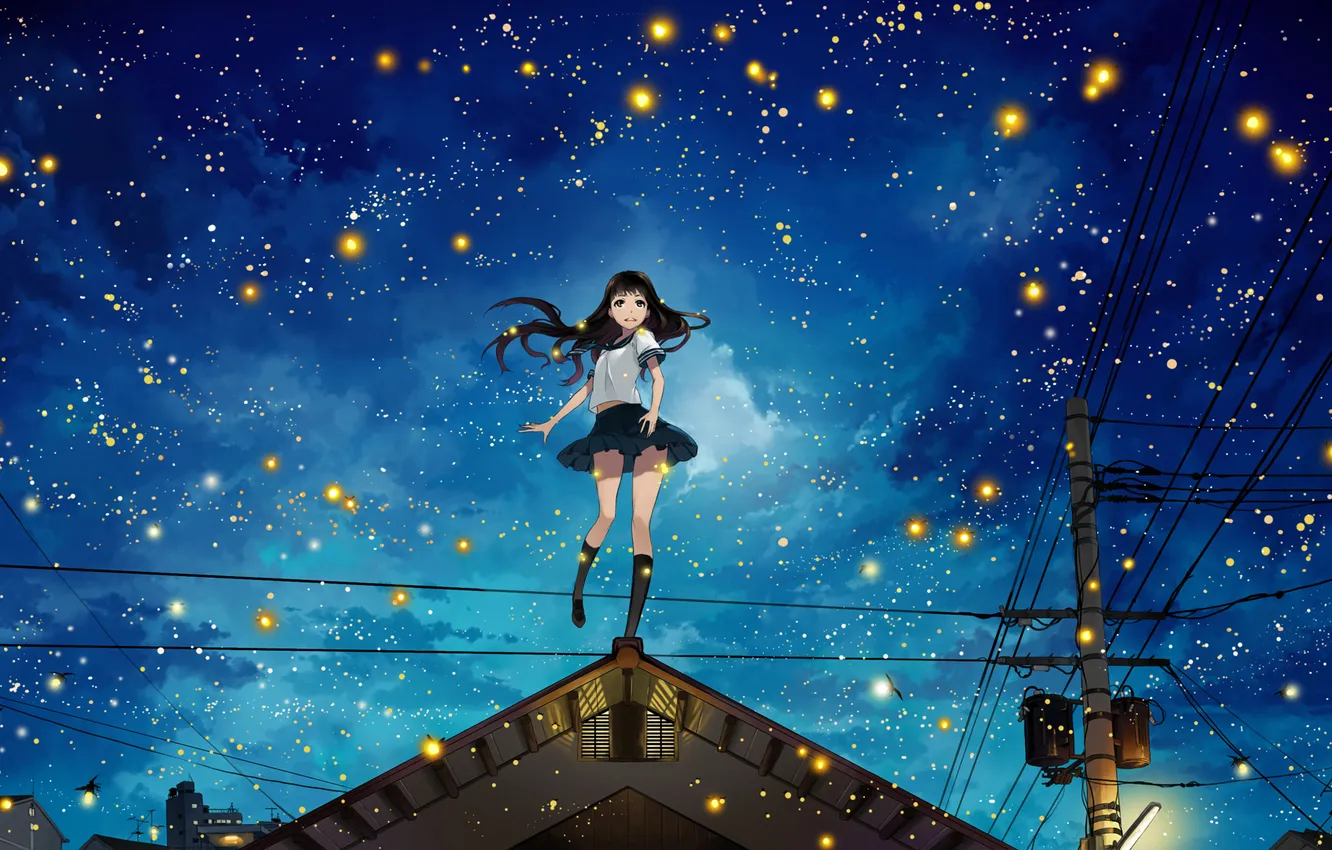 Фото обои небо, девушка, звезды, облака, ночь, город, светлячки, столбы