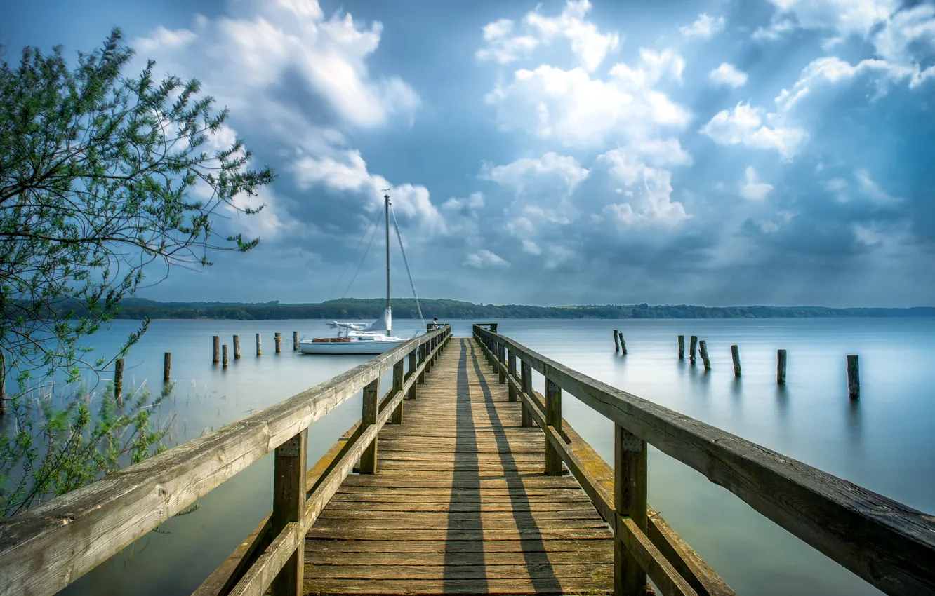 Фото обои пейзаж, мост, озеро, лодка