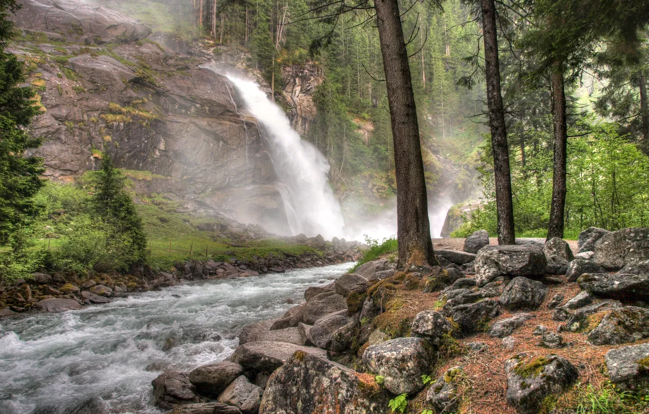 Фото обои деревья, река, камни, водопад, поток