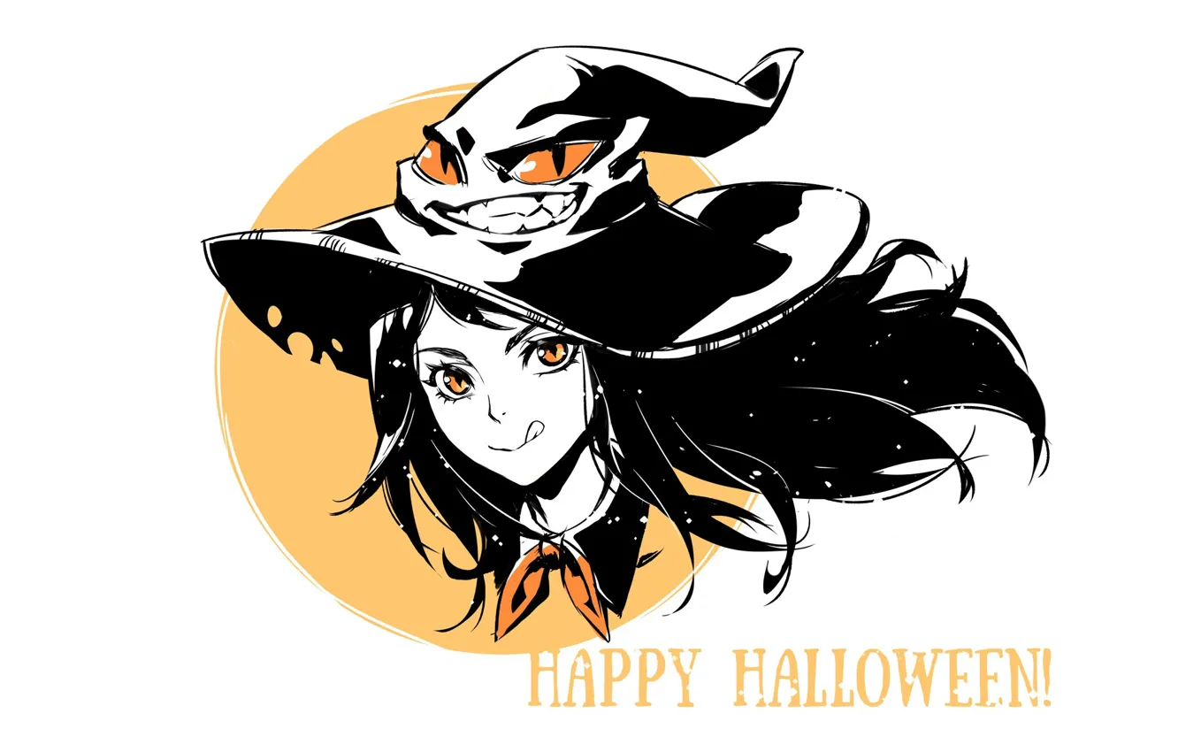 Фото обои белый фон, Halloween, хеллоуин, желтые глаза, шляпа ведьмы, ведьмочка, высунул язык, by Saikono