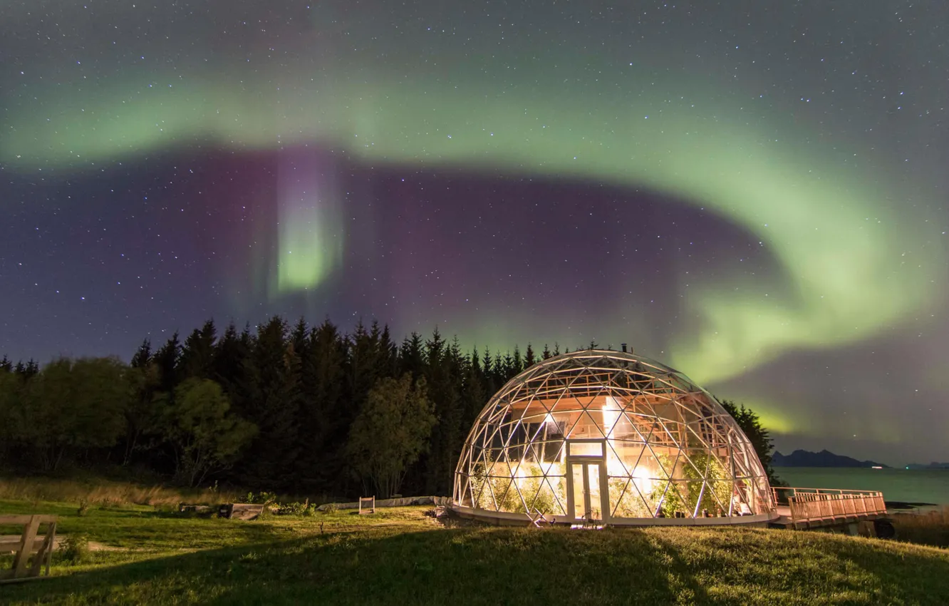 Фото обои звезды, ночь, северное сияние, night, stars, экстерьер, northern lights, НОРВЕГИЯ