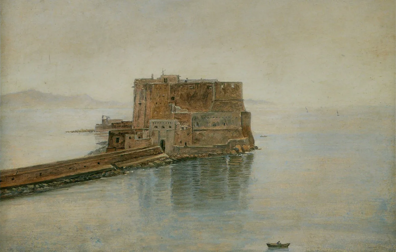 Фото обои море, пейзаж, башня, картина, форт, крепость, Кастель-дель-Ово в Неаполе, Карл Густав Карус