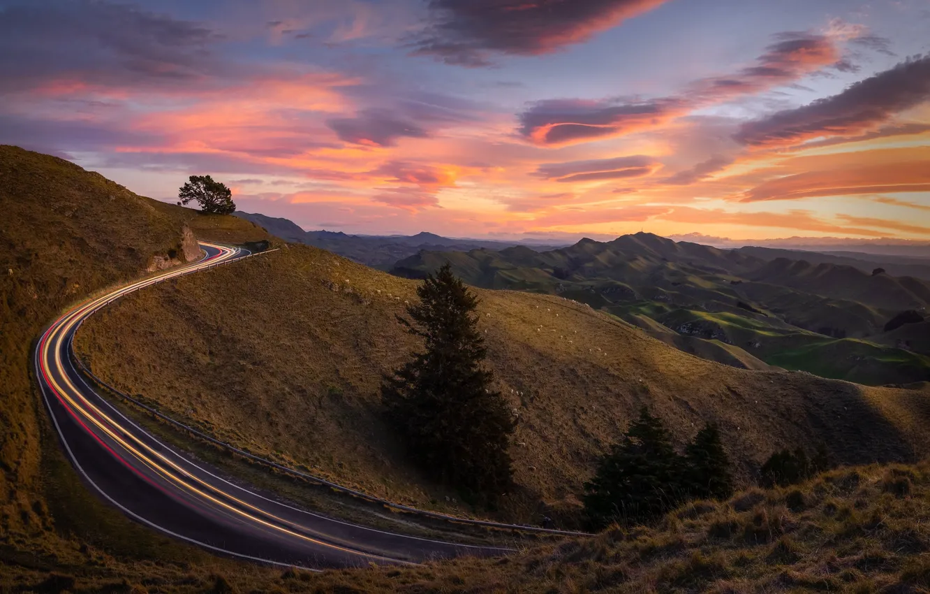 Фото обои дорога, закат, горы, холмы, Новая Зеландия, New Zealand, Hawke's Bay, Хокс-Бей