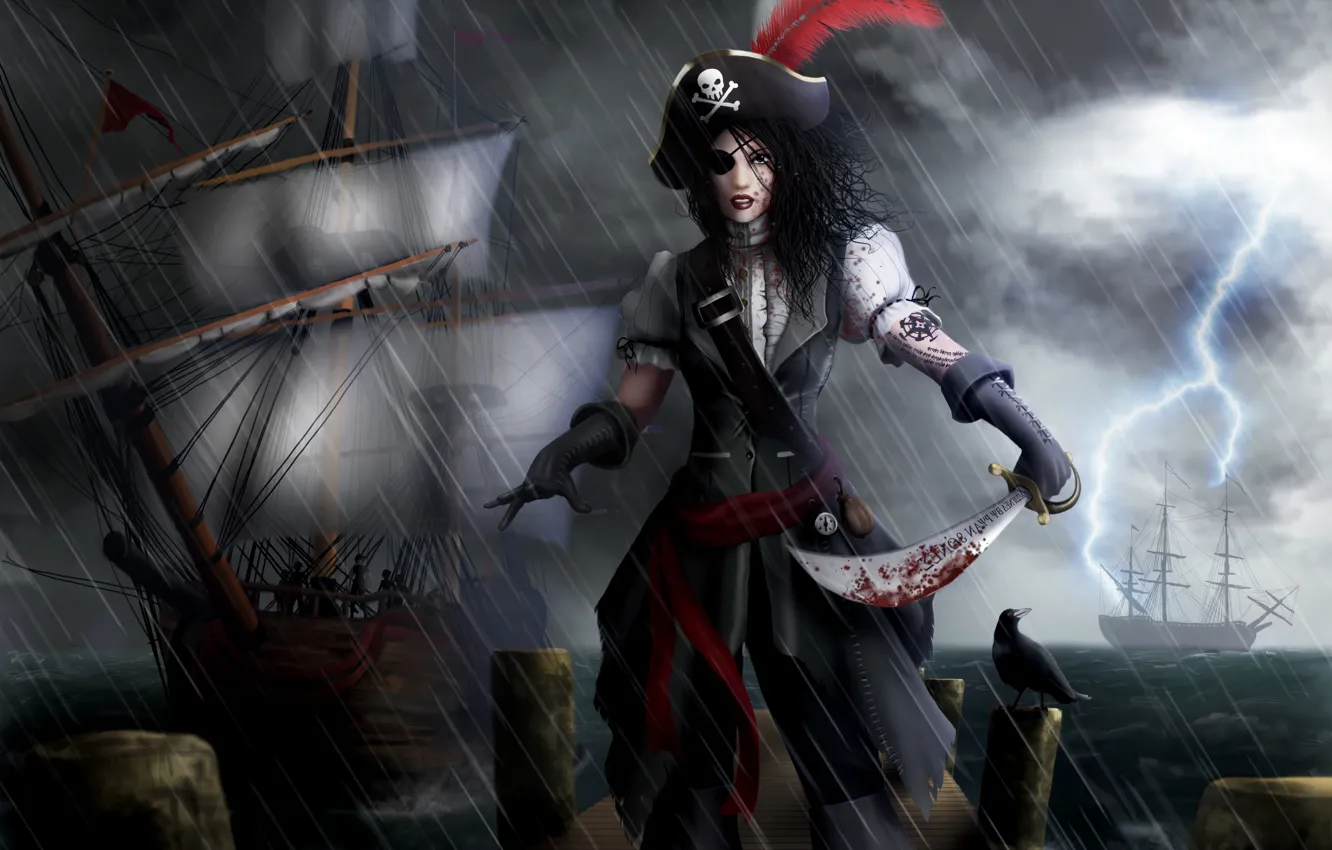 Фото обои море, девушка, дождь, перо, молния, кровь, корабли, арт