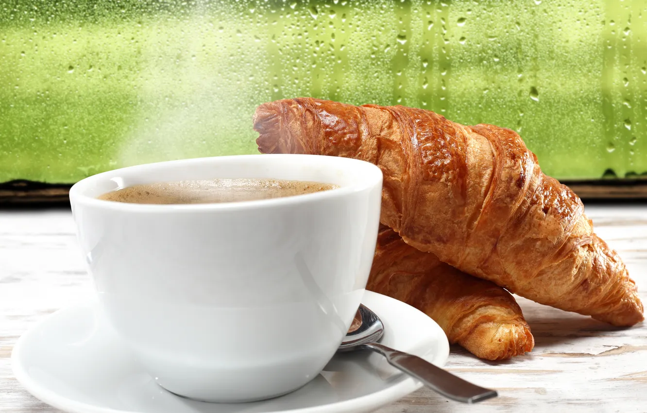 Фото обои стекло, капли, дождь, кофе, завтрак, cup, coffee, croissant