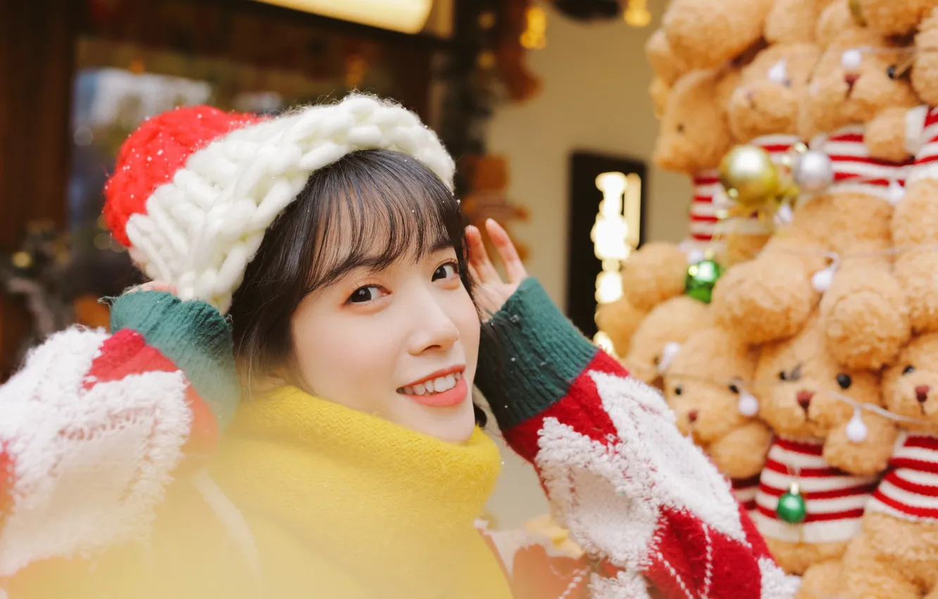 Фото обои Christmas, woman, beautiful, model, pretty, asian, close up, sweater