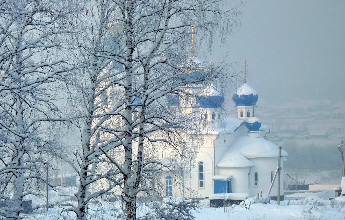 Фото обои зима, снег, Церковь
