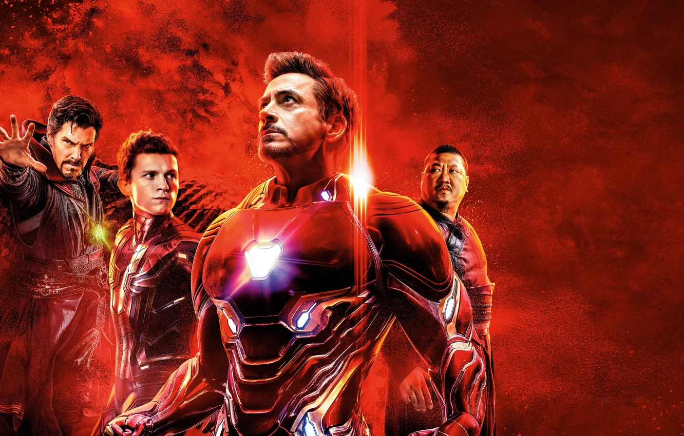Фото обои фантастика, постер, красный фон, Iron Man, комикс, Бенедикт Камбербэтч, Benedict Cumberbatch, Robert Downey Jr.