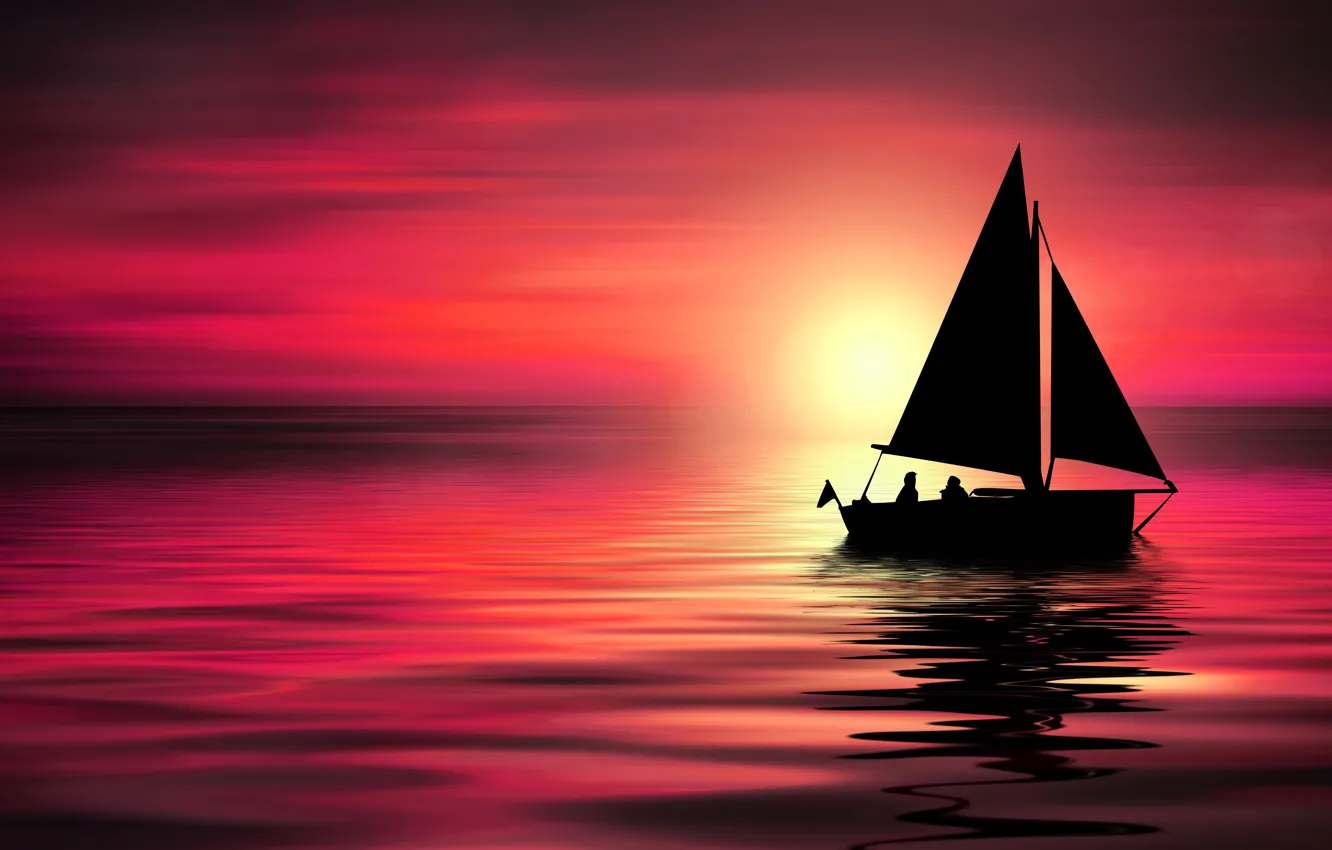 Фото обои море, закат, лодка, парус
