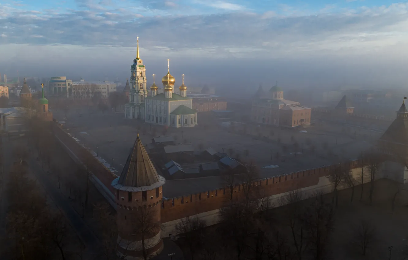 Фото обои город, туман, храм, Кремль, купола, Тула, Павел Трефилов