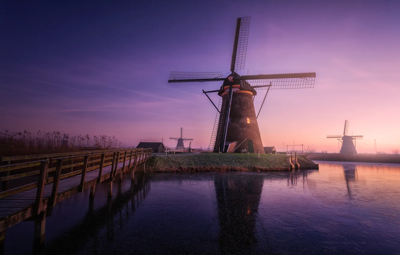 Фото обои вечер, утро, дымка, Нидерланды, Ветряные мельницы