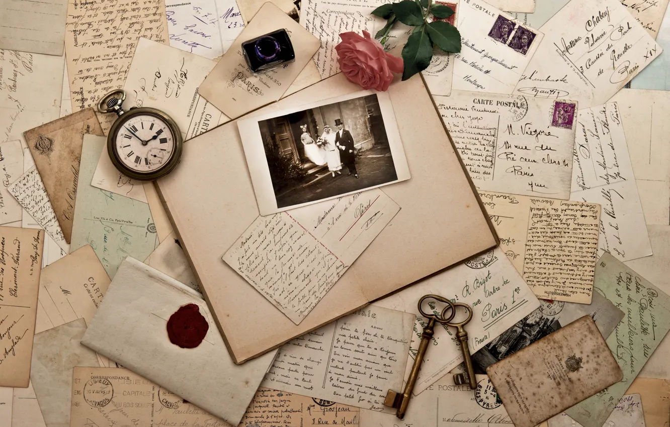 Фото обои часы, роза, старые, фотографии, ключи, vintage, винтаж, конверт