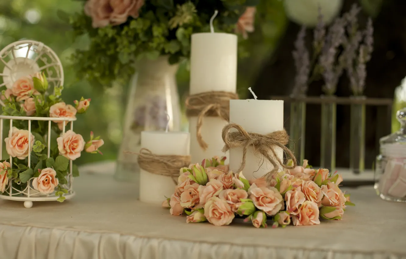 Фото обои цветы, нежность, розы, букет, свечи, декор