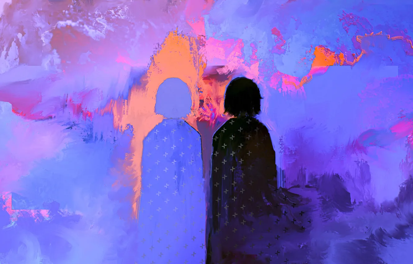 Фото обои девушка, дым, тень, разноцветный