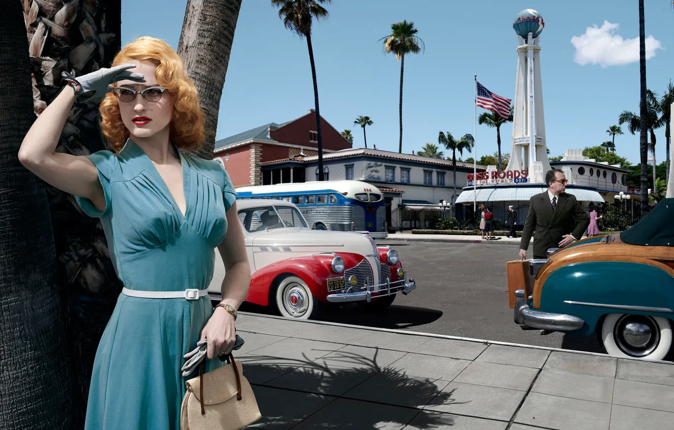 Фото обои дорога, авто, девушка, машины, город, платье, очки, Лос-Анджелес