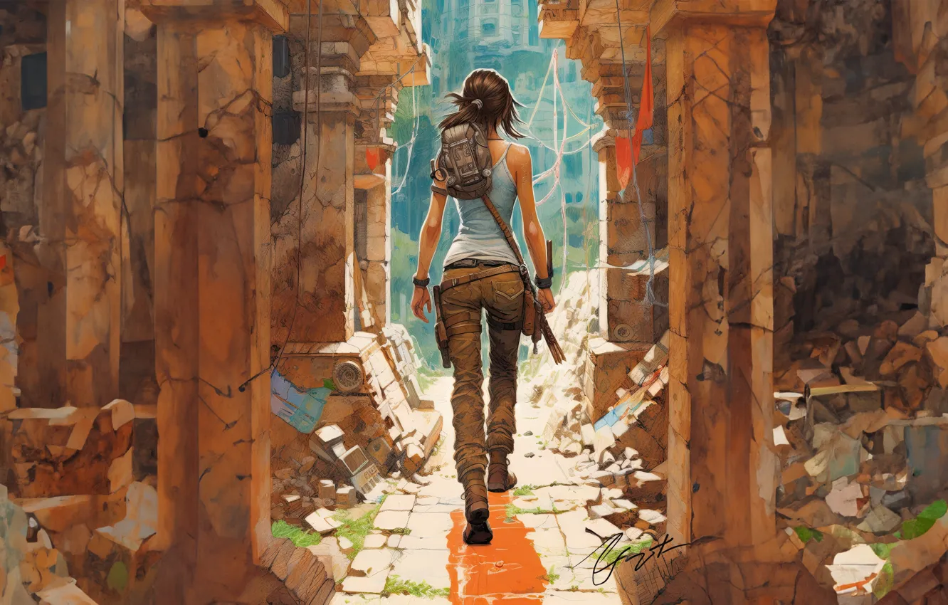 Фото обои Tomb Raider, Lara Croft, back, adventure, cargo pants, ruines