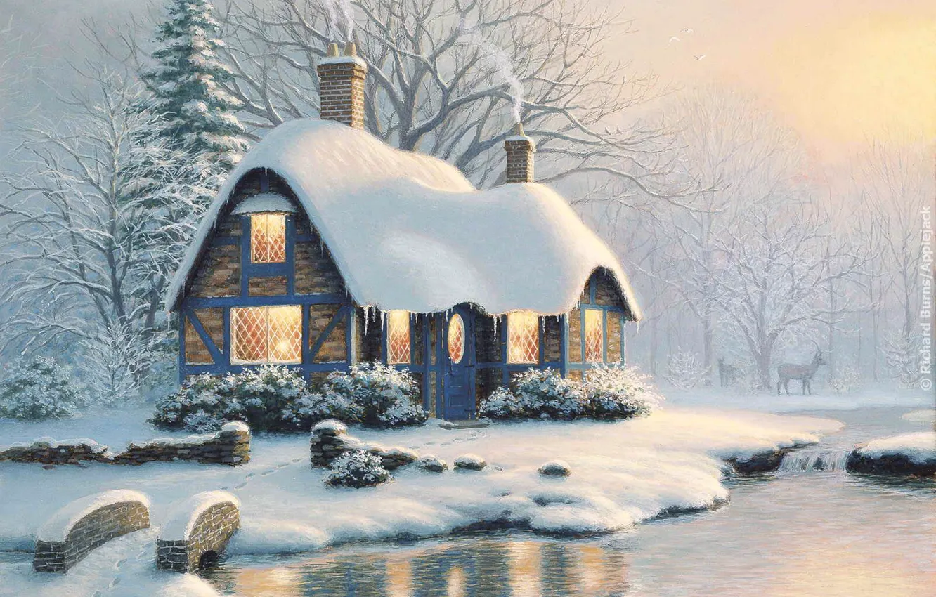 Фото обои снег, праздник, Рождество, домик, мостик