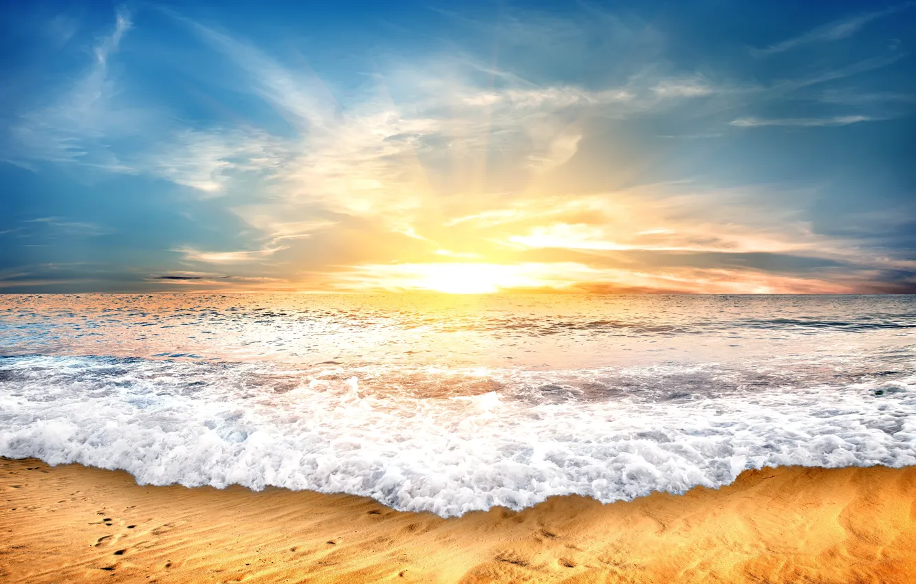 Фото обои песок, море, пляж, небо, закат, берег, beach, sea