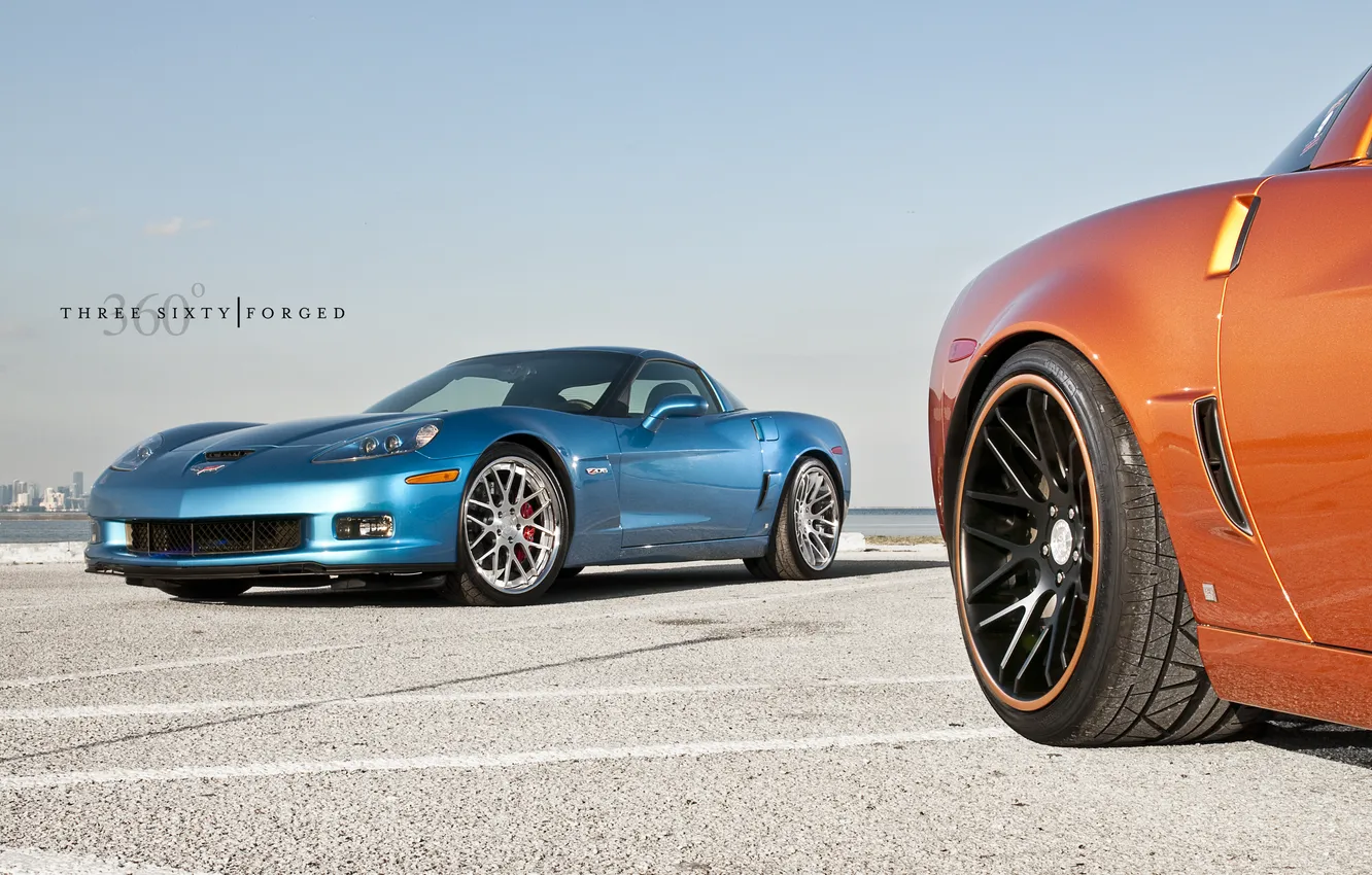 Фото обои оранжевый, голубой, Z06, Corvette, Chevrolet, шевроле, blue, корвет