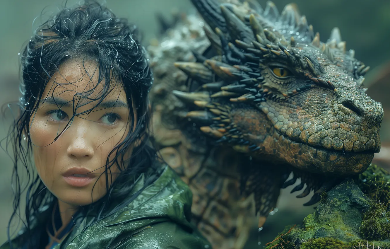 Фото обои fantasy, woman, beautiful, dragon, scene