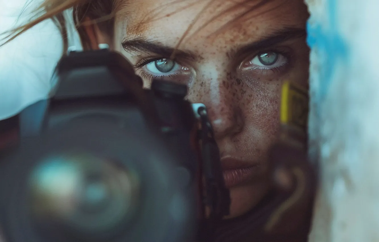 Фото обои Девушка, Взгляд, Фотоаппарат, Глаза, Цифровое искусство, Крупным планом, Photographer, Фотограф