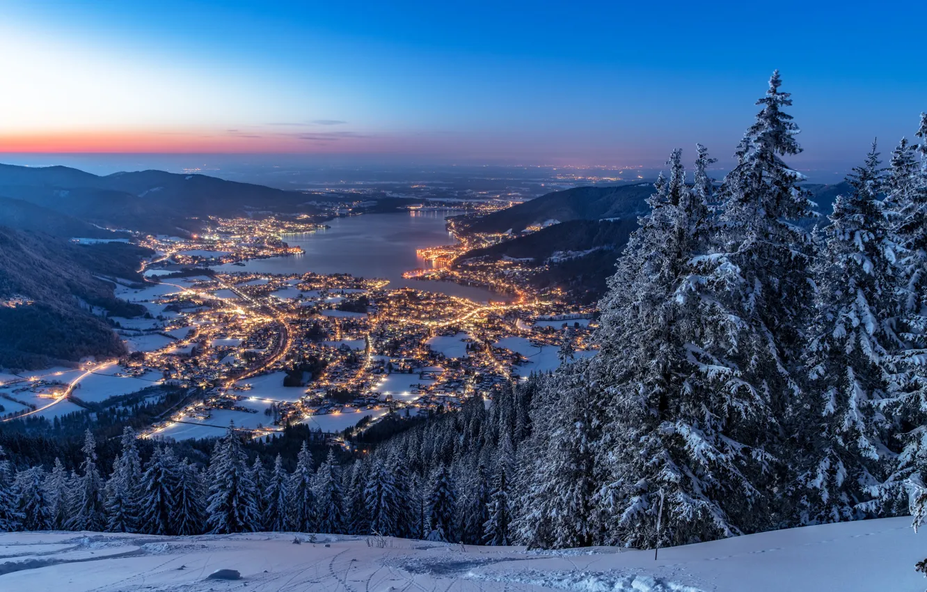 Фото обои зима, лес, снег, горы, озеро, Германия, ели, Бавария