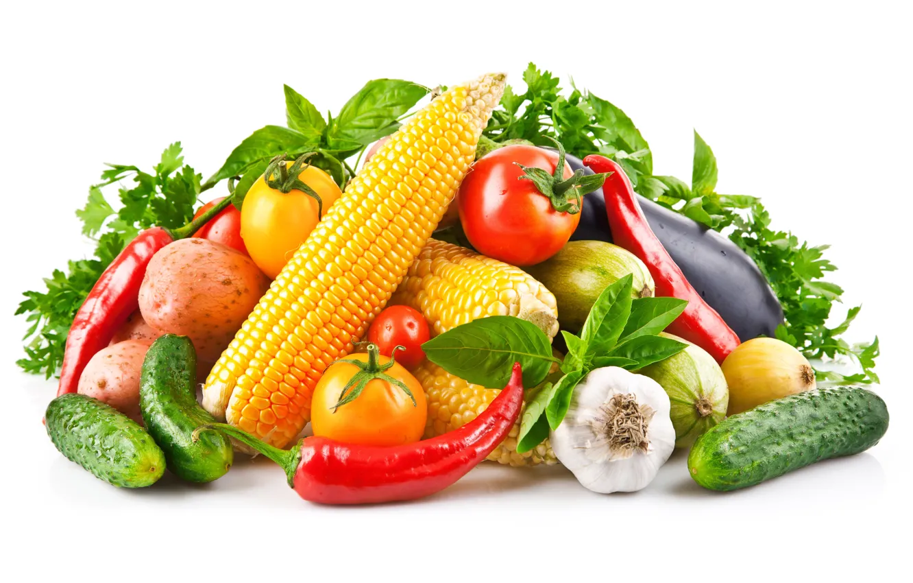 Фото обои зелень, фон, кукуруза, перец, натюрморт, овощи, томаты, чеснок
