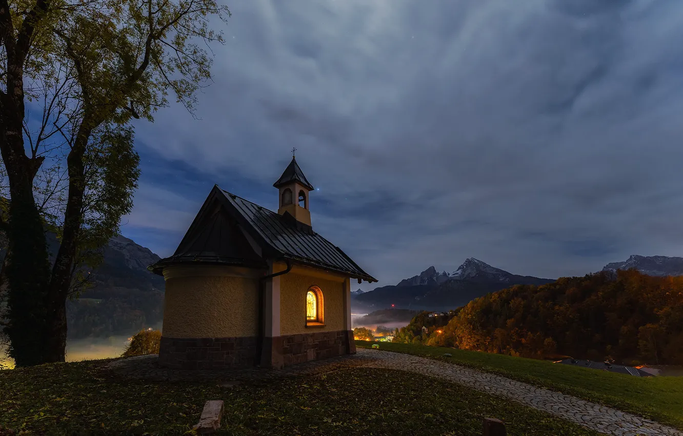 Фото обои осень, пейзаж, горы, природа, вечер, Бавария, дорожка, сумерки