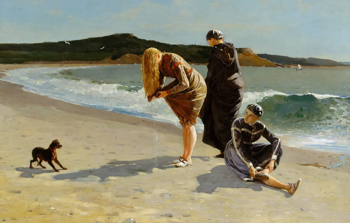 Фото обои море, люди, берег, собака, картина, жанровая, Высокий Прилив, Winslow Homer
