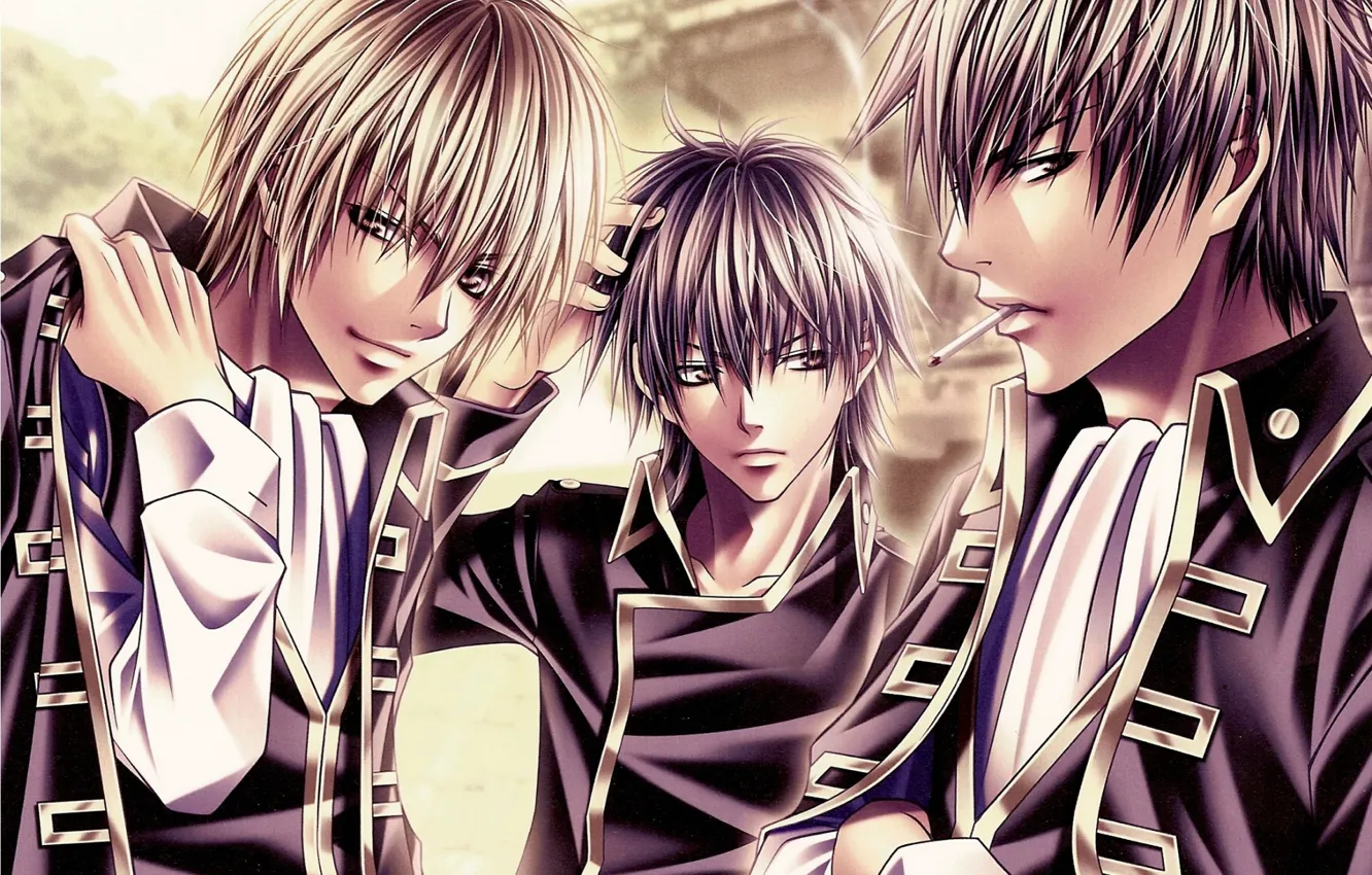 Фото обои улыбка, сигарета, трое, art, gintama, гинтама, okita sougo, hijikata toushirou