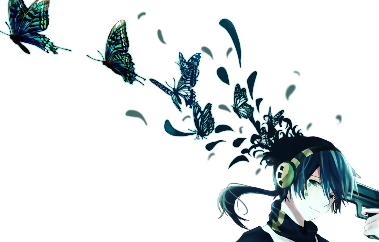 Фото обои бабочки, улыбка, пистолет, аниме, наушники, арт, парень, konoha