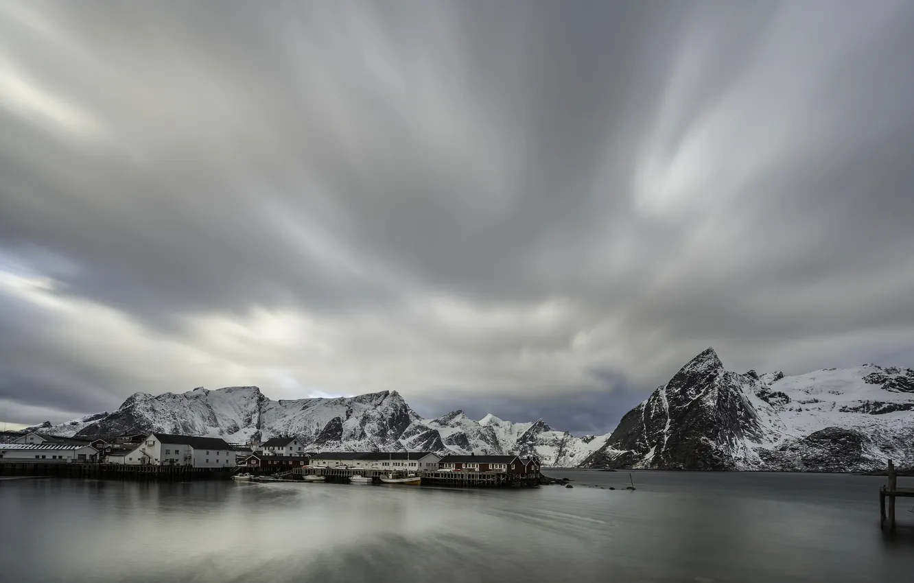 Фото обои зима, небо, горы, дома, Исландия