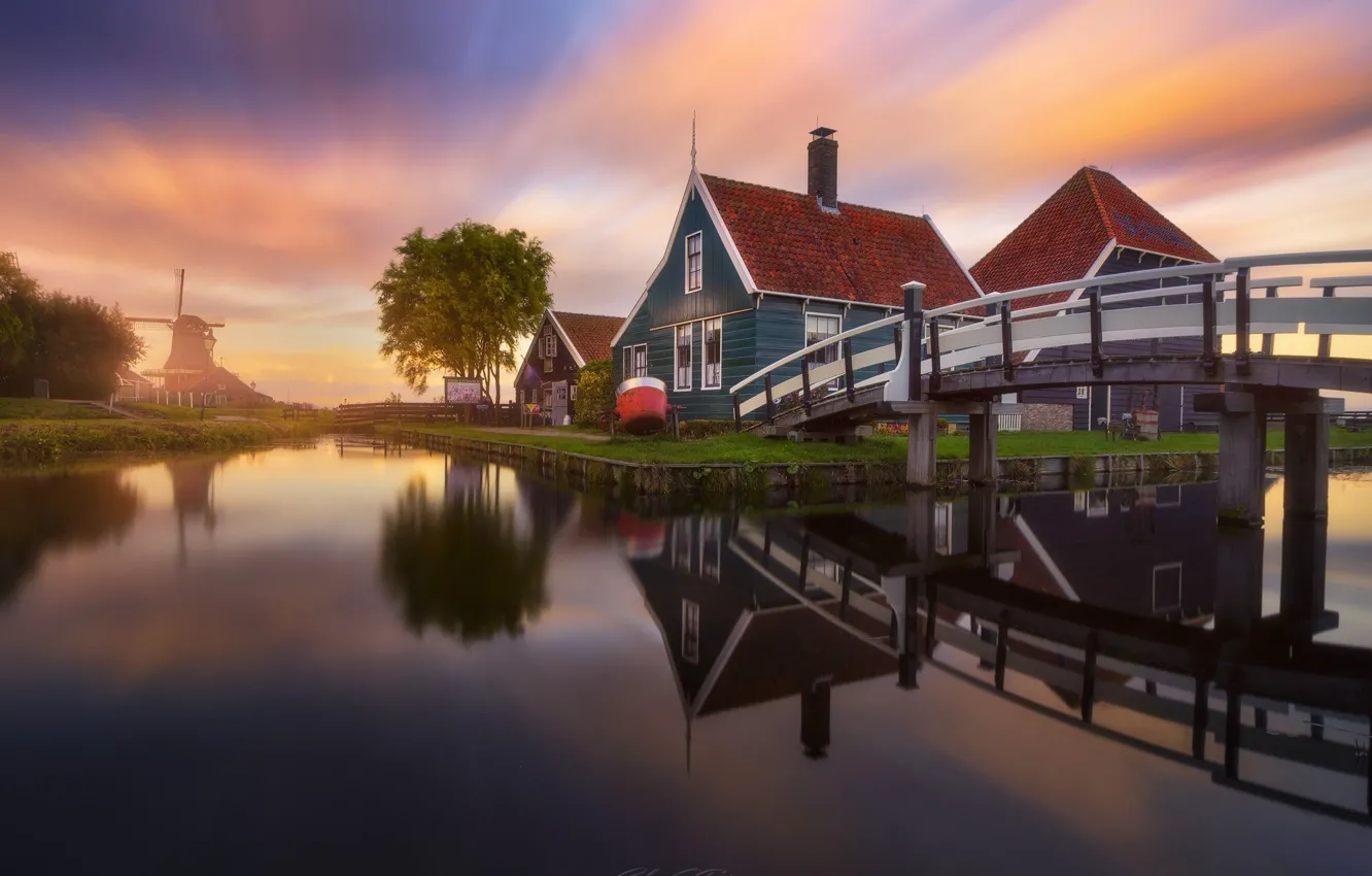 Фото обои мост, дома, канал, Нидерланды, поселок