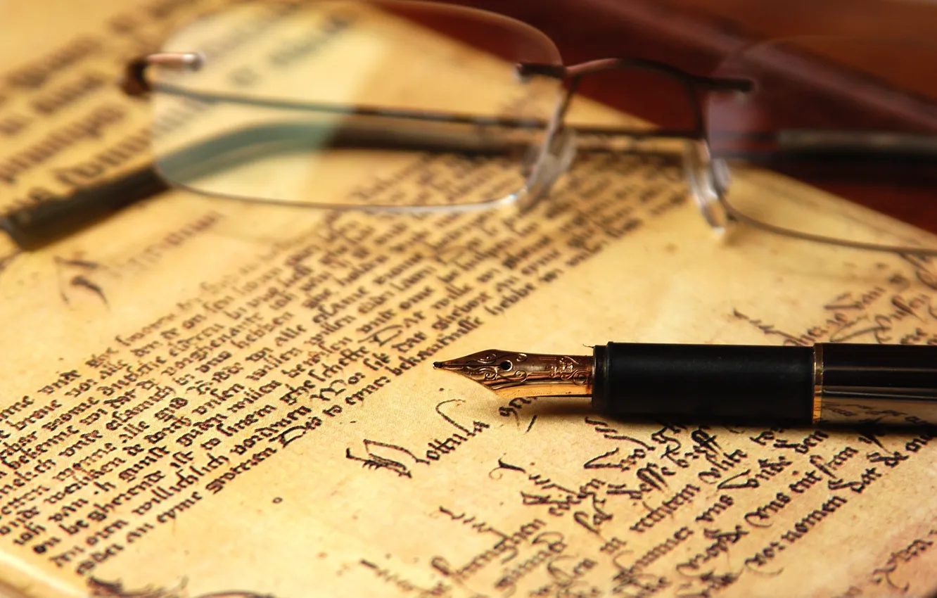 Фото обои бумага, очки, ручка, манускрипт