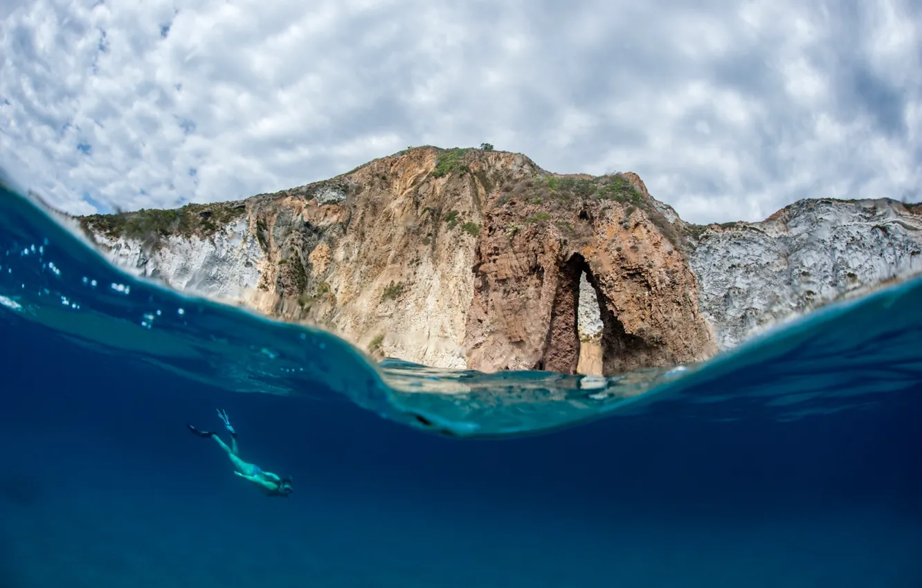 Фото обои вода, природа, скала, океан, человек, подводный мир
