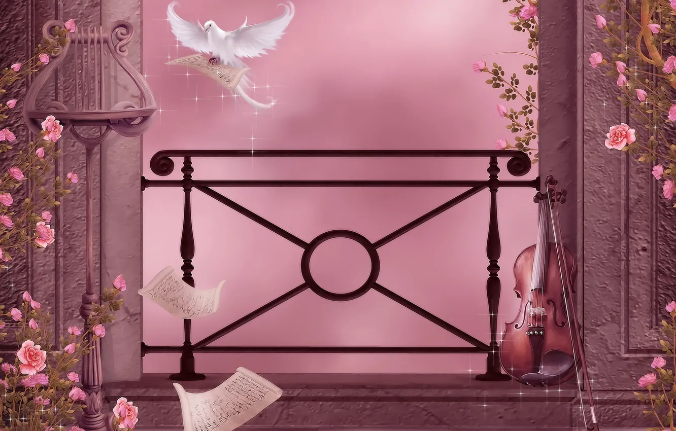 Фото обои цветы, ноты, музыка, скрипка, голубь, розы, music, колонны